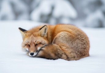 Red fox curled up sleeping in snow

