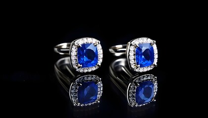 A pair of earrings with blue gems and small gems around them isolated on a black background