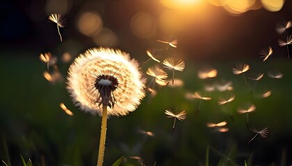 Close up of a dandelion blowing in the wind with a blurry background