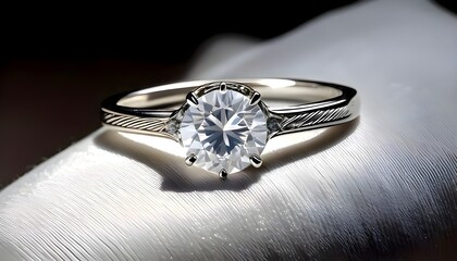 A wedding ring with white crystal stone and engraving around it on a white cloth with sunlight highlights.