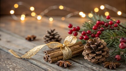 Christmas decorations cinnamon sticks pine cones and berries on wooden table
