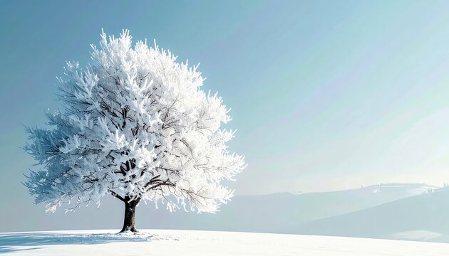 A single tree, its branches heavily laden with snow and frost, stands alone in a vast, snow-covered field under a bright, clear blue sky.