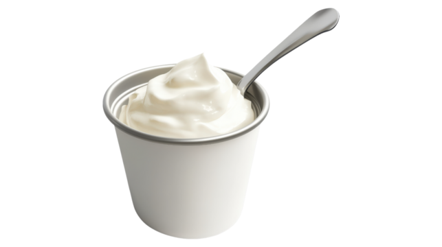Yogurt cup with spoon isolated on a transparent background