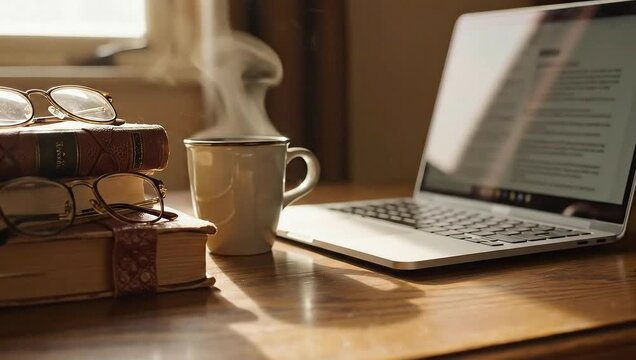 world introvert day cozy workspace books coffee laptop