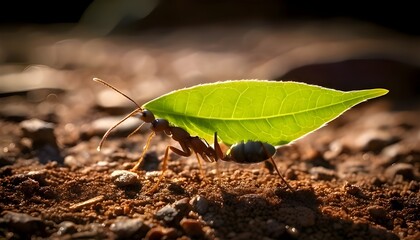 A red ant carrying a green leaf walks on dry ground