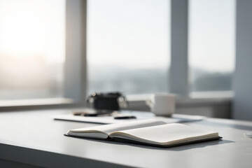 business ideas notebook placed on office desk featuring ar blurred white text bars