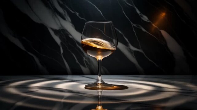 Lonely Wine Glass Trembling on Reflective Marble Under Heavy Bass Vibrations