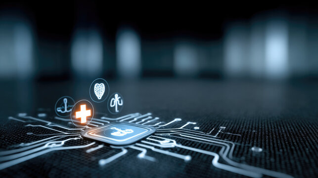 Futuristic blue circuit board with glowing medical icons, digital healthcare technology innovation, modern and advanced concept