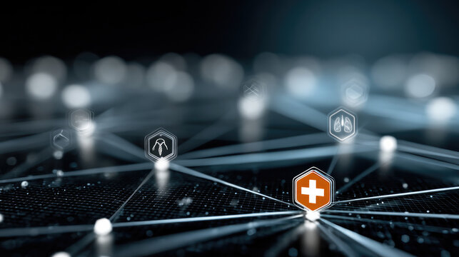 Futuristic healthcare network with digital medical icons, glowing connections, and abstract technology background