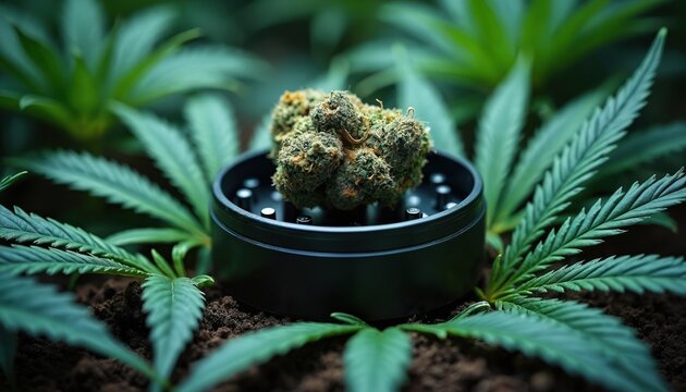 Cannabis bud rests inside metal grinder. Close up macro shot shows marijuana plant leaves surrounding smoking accessory. Preparation for rolling joint or smoking.