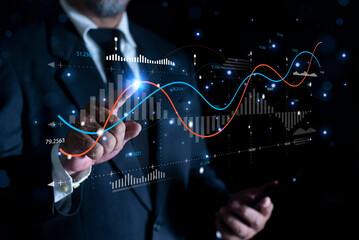 Businessman touch holographic graphs and stock market statistics gain profits. Stock market price increase. Stock market investment analysis, financial risk management and investment.