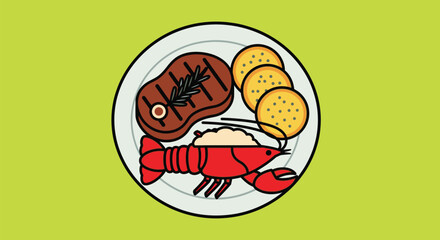 Juicy grilled steak, lobster, and potatoes on elegant dinner plate