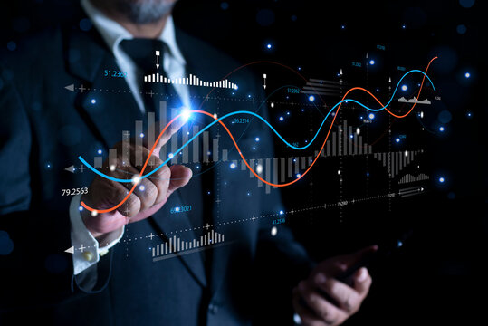 Businessman touch holographic graphs and stock market statistics gain profits. Stock market price increase. Stock market investment analysis, financial risk management and investment.
