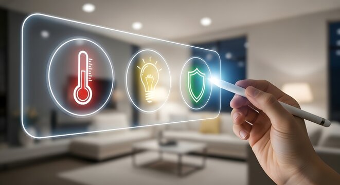 Hand interacting with a futuristic holographic interface controlling smart home climate and lighting systems