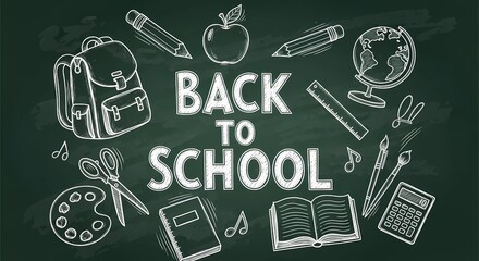 Creative Back-to-School Chalkboard Illustration with Essential Classroom Supplies