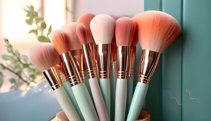 Mint colored makeup brush set with soft peach white bristles with mint colored leaves and wall background