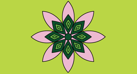 Vibrant geometric floral design with pink petals and green accents