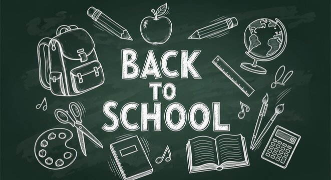 Creative Back-to-School Chalkboard Illustration with Essential Classroom Supplies