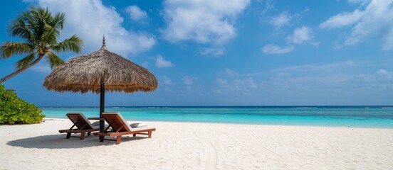 Serene tropical paradise beach with thatched umbrella and lounge chairs invites ultimate relaxation under clear blue skies and vibrant turquoise waters.