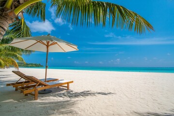 Serene tropical beach paradise with empty lounge chairs under a palm tree inviting ultimate relaxation and peaceful vacation dreams