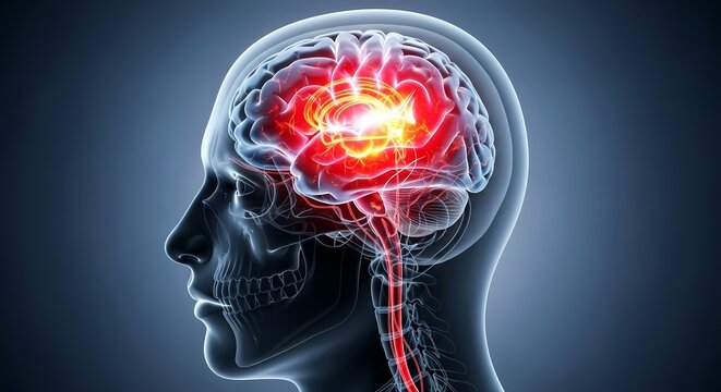 Detailed medical visualization of a glowing inflamed brain representing migraine, neurological pain, and mental health issues.