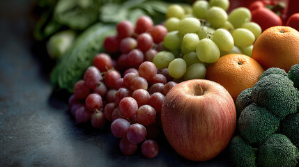 Fresh apple, grape, orange, broccoli, and leafy green vegetable arranged on dark surface, vibrant healthy food concept