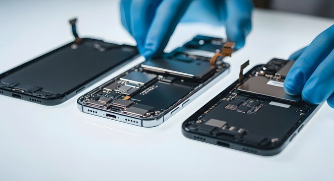 Close up of hands in blue gloves repairing a disassembled smartphone on a white surface