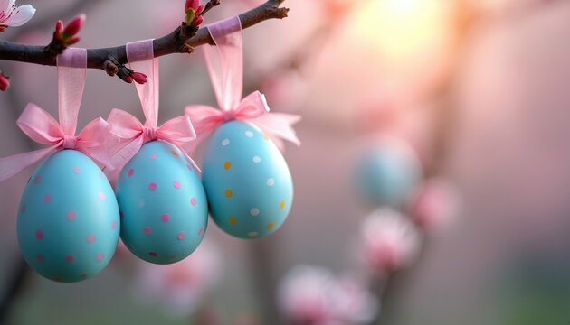 Painted blue easter eggs with pink ribbons hang on blooming cherry blossom branch. Polka dot ornaments decorate tree for spring holiday. Festive pastel background with soft sunlight offers copy space.