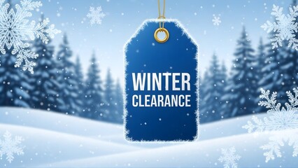 Winter Clearance Sale Tag - Snowy Forest Background with Snowflakes