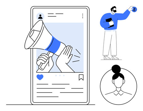 Smartphone screen showing a megaphone post for content promotion, paired with a user engaging through an app. Ideal for digital marketing, content creation, promotion, communication, influencer