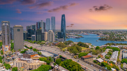 18 November 2025 Panoramic night view of Sydney Harbour and City Skyline of NSW Australia beautiful colourful skies on a beautiful spring day