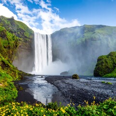 A majestic waterfall cascades down lush green cliffs, forming a misty cloud. Black sand borders a flowing river under a blue sky