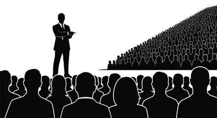 Confident leader addresses vast audience, inspiring collective action and success.