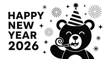 Joyful bear celebrates New Year 2026 with festive party hat and horn