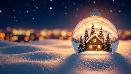 Christmas Snow Globe with Cozy House - Winter Night Scene