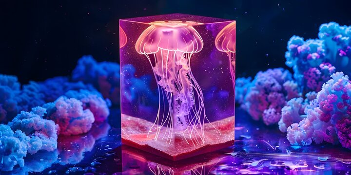 Mesmerizing jellyfish illuminated in vibrant pink and blue light, surrounded by otherworldly coral formations.