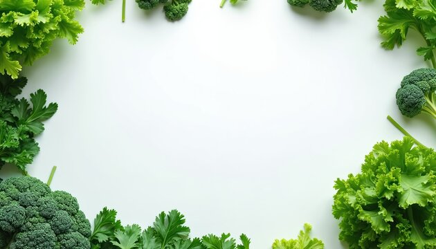 Green vegetables frame a white background. Broccoli lettuce and parsley create a border. Food ingredients offer space. Healthy eating concepts are presented.