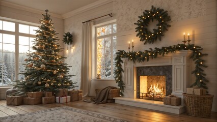 Cozy christmas living room with tree fireplace and winter window view