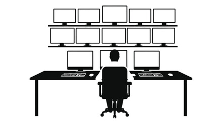 Analyst monitors multiple screens from ergonomic office chair at desk