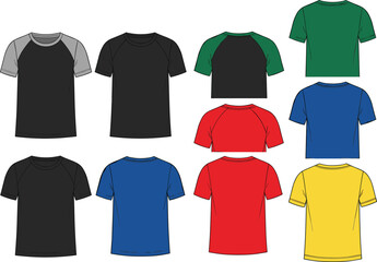 Vector technical flat sketch set of men t-shirt featuring raglan and standard sleeves, crew neck, multiple colors, front and back views for fashion design templates.