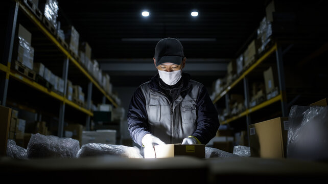 Warehouse worker inspecting package