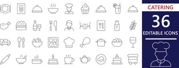 Clean editable line catering icon set representing food, service, and event meal concepts. Perfect for restaurant, event service, and hospitality-themed design projects.