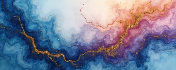 Abstract fluid art with swirling blue violet and gold ink creating marble like patterns. Flowing waves of color mix creating rich texture and glitter elements on a light background.