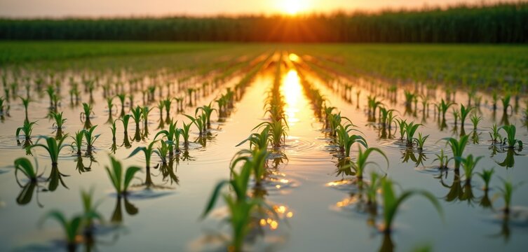 Young corn sprouts grow in rows in flooded field reflecting golden sunset light. Agricultural land shows irrigation and water management. Green plants emerge from calm water surface.