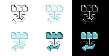 Hand receiving files icon for document transfer and data management in line and fill style