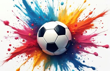 Naklejka premium Football explodes with vibrant paint splashes in red blue yellow and pink. Dynamic sports illustration captures energetic game action. Abstract background with liquid ink effect.