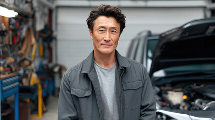 Japanese man mechanic garage tool confident mature adult standing car repair workshop