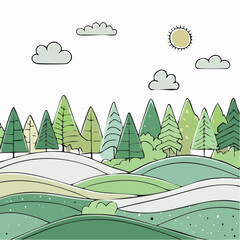 Parallax forest layers with green trees and rolling hills illustration