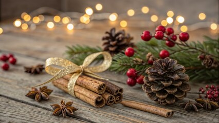 Cozy christmas holiday background with cinnamon sticks and winter berries