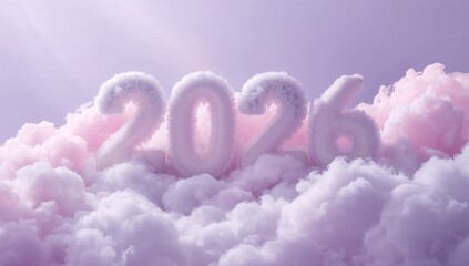 Fototapeta premium Fluffy 2026 new year design with soft pastel clouds and sparkling texture creating a dreamy and optimistic vision for the future year celebration and festive atmosphere